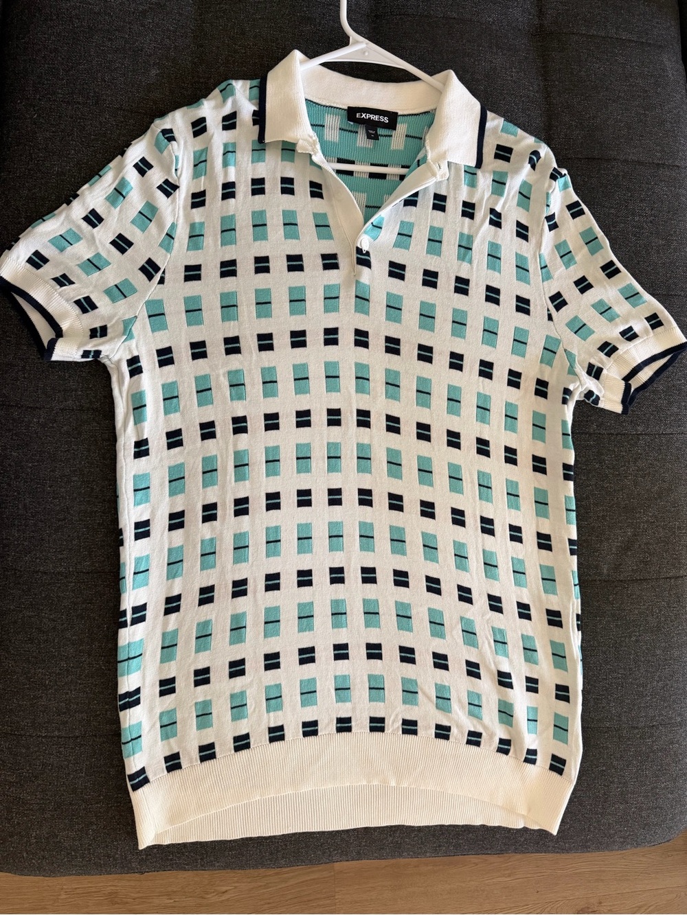 Express Men's White, Aqua & Navy Short-Sleeve Knit Polo